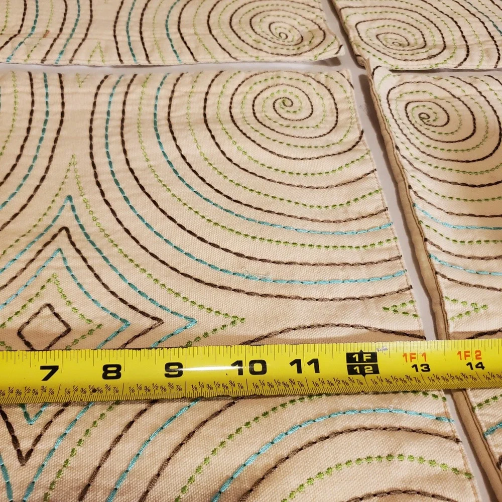 Set of 4 Embroidered Cotton Square Placemats Cream Teal Brown Spiral Geometric